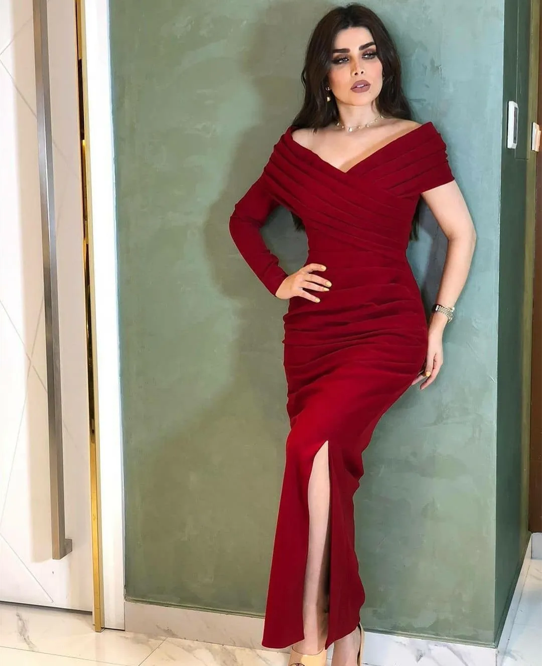 

Elegant Mermaid Muslim Evening Dresses With Slit Off Shoulder Zipper Back Floor Length Robe De Mariée Party Gowns For Women