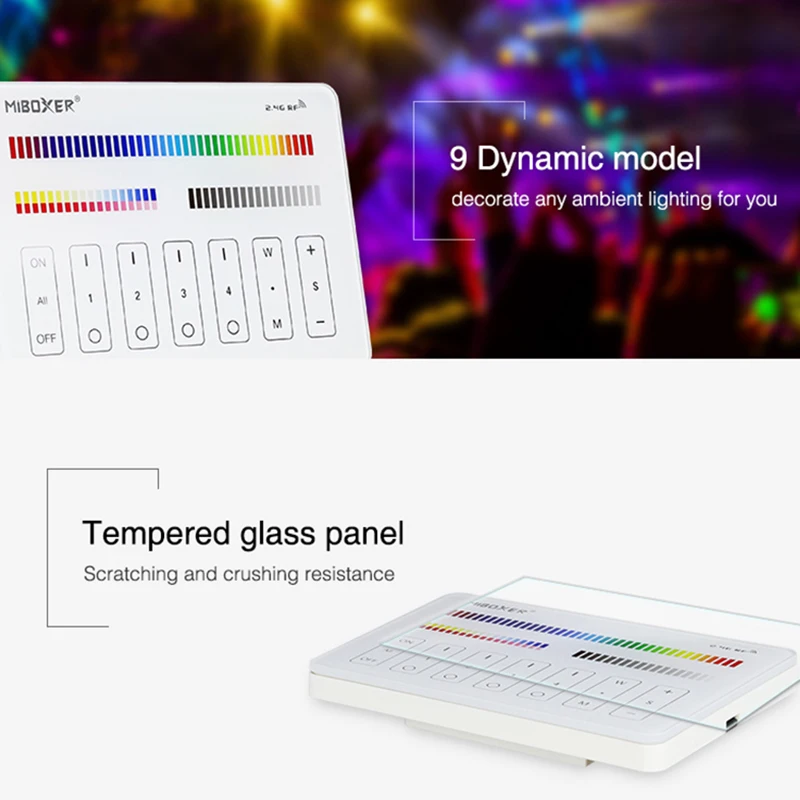 

M4 Italian Standard RGB+CCT Panel Remote 2.4GHz wireless Transmitting 4-Zone Individually Control RGB/RGBW/RGB+CCT Series