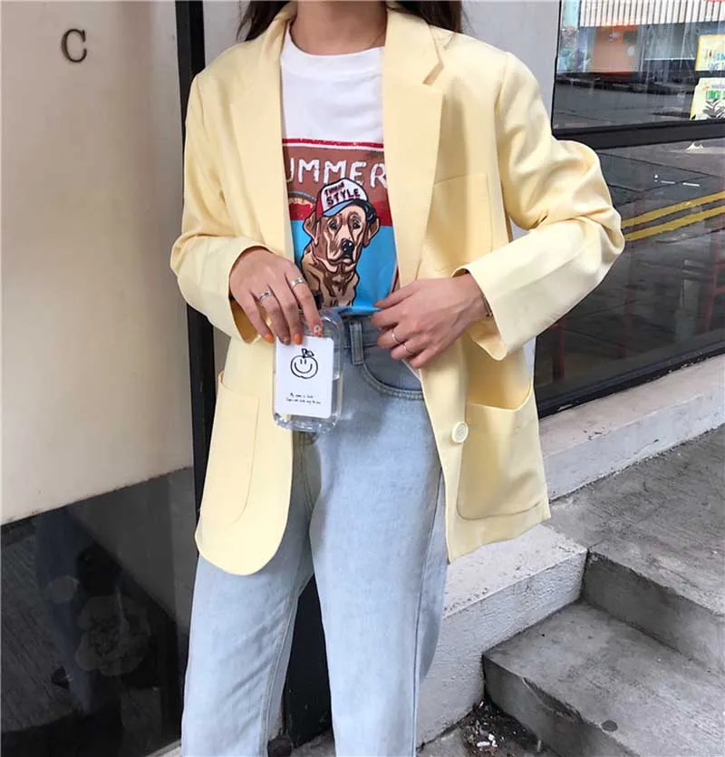 Желтый Цвет костюм Блейзер для женщин модная одежда с длинными рукавами