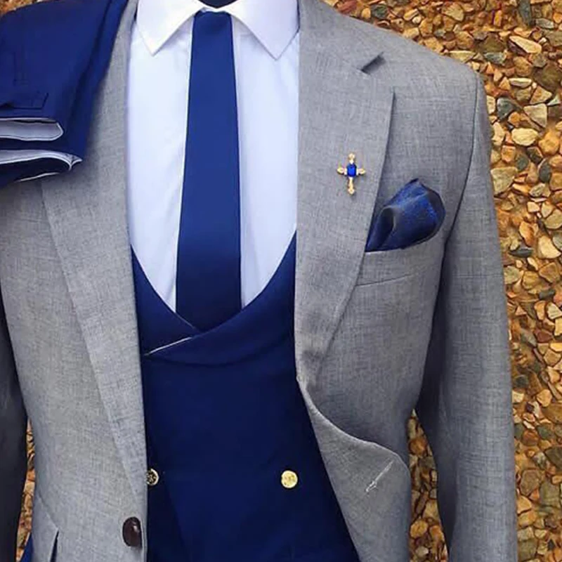 

3 Piece Gray Wedding Tuxedo for Men Formal Suits Set Jacket Double Breasted Waistcoat with Royal Blue Pants Male Fashion Costume