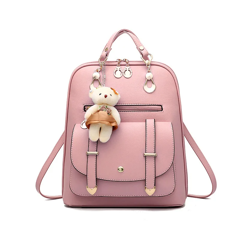 

Women Backpack PU Leather Backpacks For Girls School Bags Female Fanny Pack Mochila With Bear Hanging Ornament Feminina Rucksack