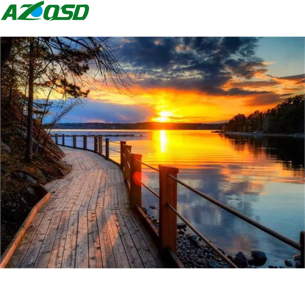 

Картина AZQSD по номерам, закат, пейзаж, ручная роспись, Современная Настенная картина по номерам, озеро, украшение комнаты ручной работы