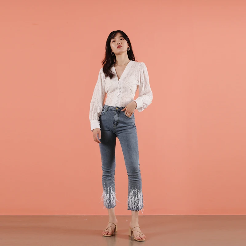 Женские блузки весна 2020 новинка прозрачные белые с высокой талией длинным