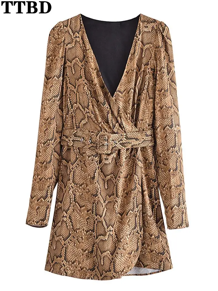 

TTBD Women soft printed mini satin dress Ladies sexy Elegant with belt Snake print Wrap dress 2022 Spring women's Party dress