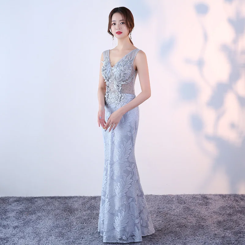 Женское прозрачное кружевное платье-Ципао голубое длинное вечернее платье в