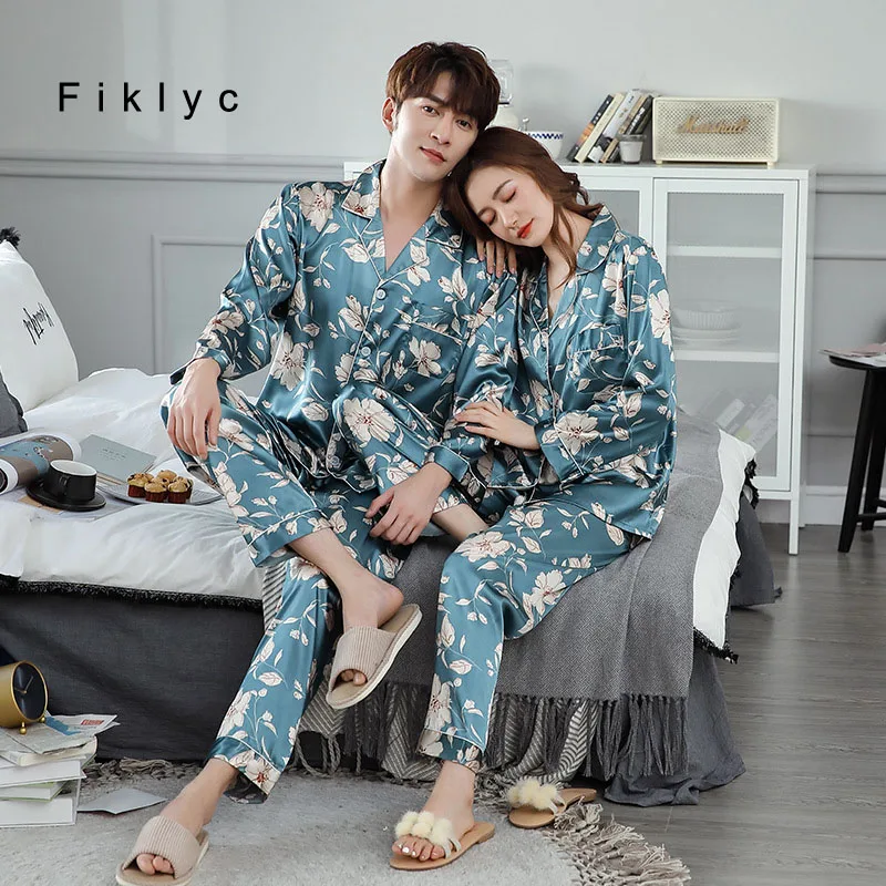 

Fiklyc Floral Print Women Men Plus Size Couple Lovers Pajamas Pyjamas Pijamas Sets Drop Shipping Casual Satin Sleepwear Newest