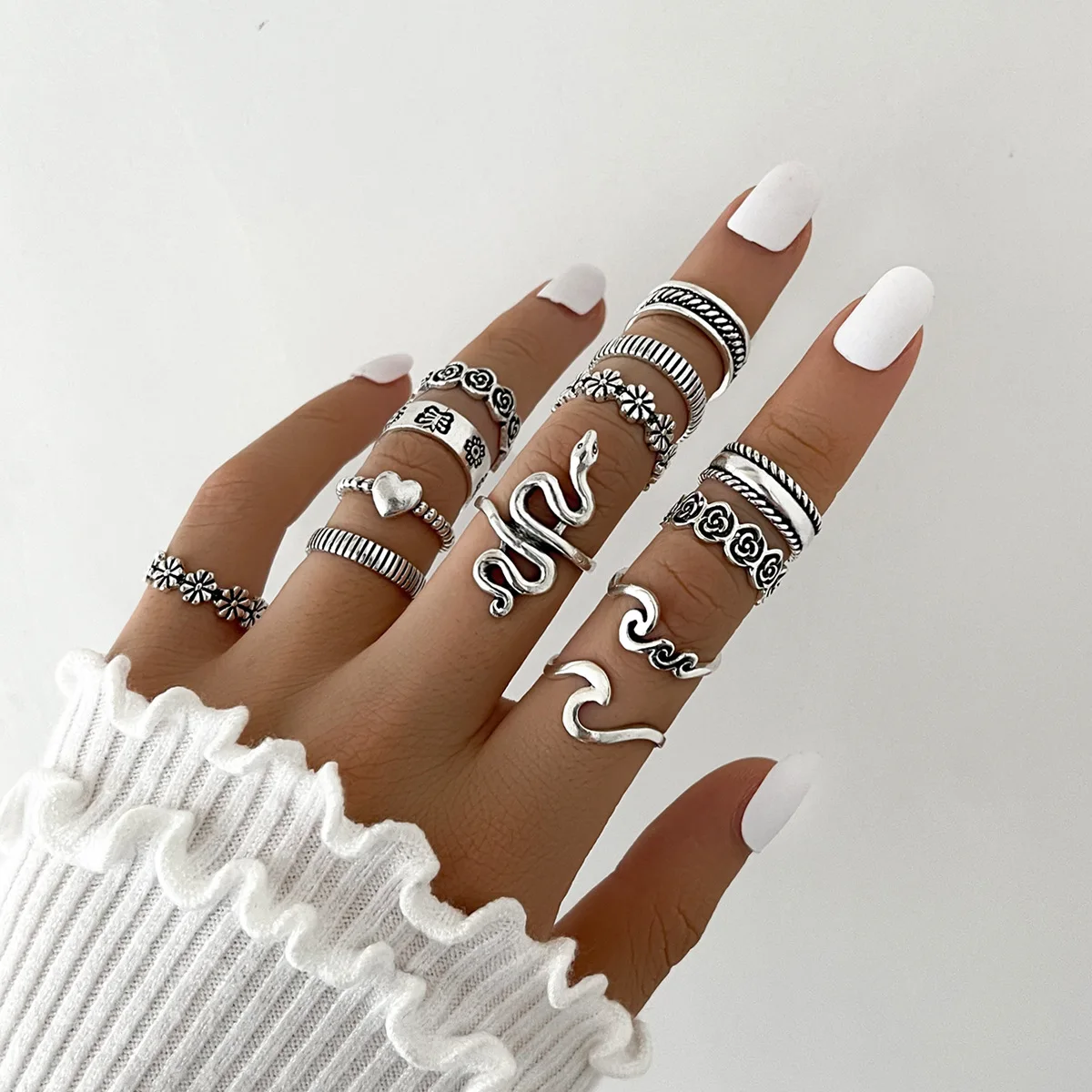 13 Pcs/ Set New Fashion Silver Snake-shaped Ring for Women Boho Flower Geometric Rings Set Party Trend Punk Rock Jewelry Gift