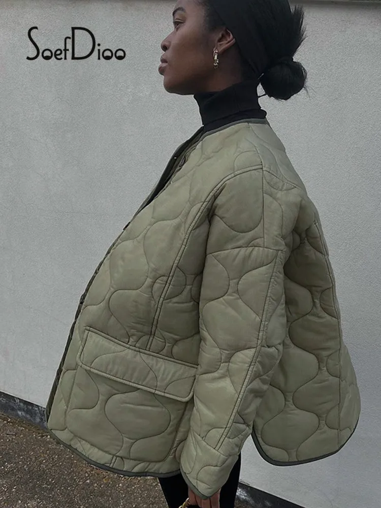 

Soefdioo Fashion Green Warm Coat Women Casual Fashion Loose Single Breasted Pocket Jackets 2021 New Autumn Winter Parkas Outwear