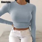 Женский топ на шнурке Shestyle, однотонный облегающий Топ с длинным рукавом и круглым вырезом, 2020 Осенние футболки