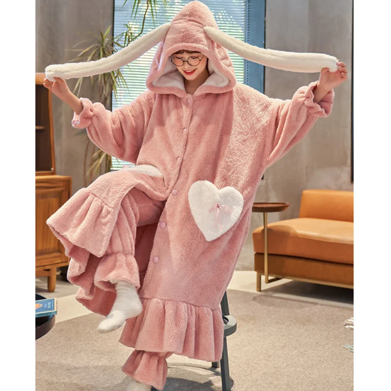 

Women Thickened Plus Velvet Pajamas Two-piece Pajamas Autumn and Winter Long Coral Velvet Pajamas Cartoon Flannel Home Service