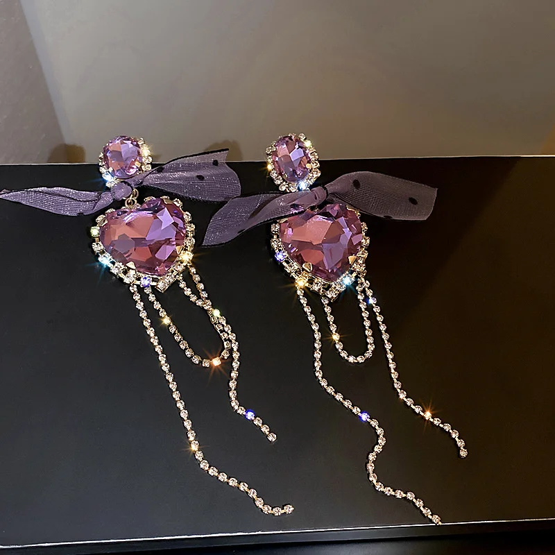

FYUAN Purple Heart Crystal Earrings for Women Bijoux Long Tassel Geometric Rhinestone Dangle Earrings Statement Jewelry