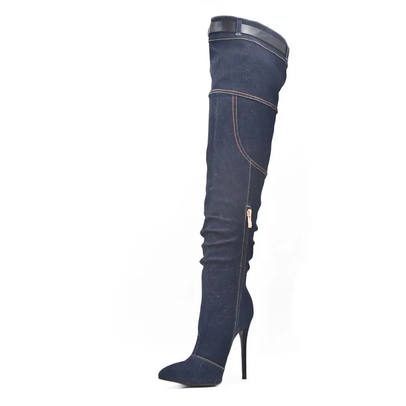 

2021 Spring Women Blue Cowboy Boots Sexy Thigh High Boots Catwalk Over the Knee Boots High Heel Shoes For Women