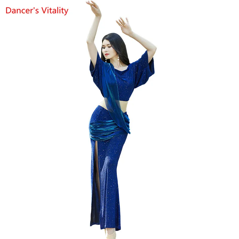 

Belly Dance Female Adult Elegant Sexy Top Exercise Clothes Suit Oriental Dancing Sequined Shirt Long Skirt Performance Set