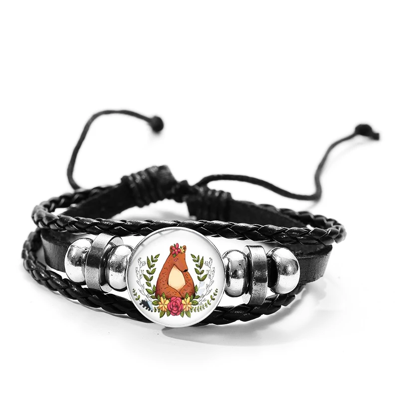 

Cute Fox Leather Bracelet Girl Boy Christmas Gift Smart Little Animal Cartoon Print Glass Cabochon Buckle Charm Bracelet