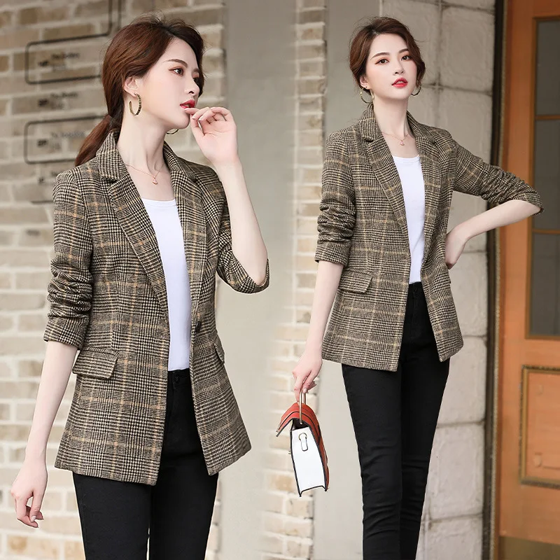 Осенняя и зимняя женская куртка Повседневный тонкий клетчатый блейзер с длинным