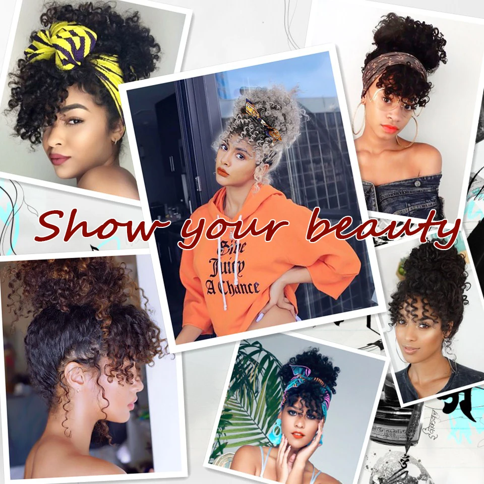 

WTB Women's Black Blonde Ombre Short Fluffy Kinky Curly Ponytail with Bangs Synthetic Hair Extensions Afro African Hairpieces