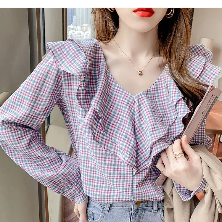 

French design niche Plaid Shirt women's spring 2021 new fashion Korean loose Hong Kong style retro top