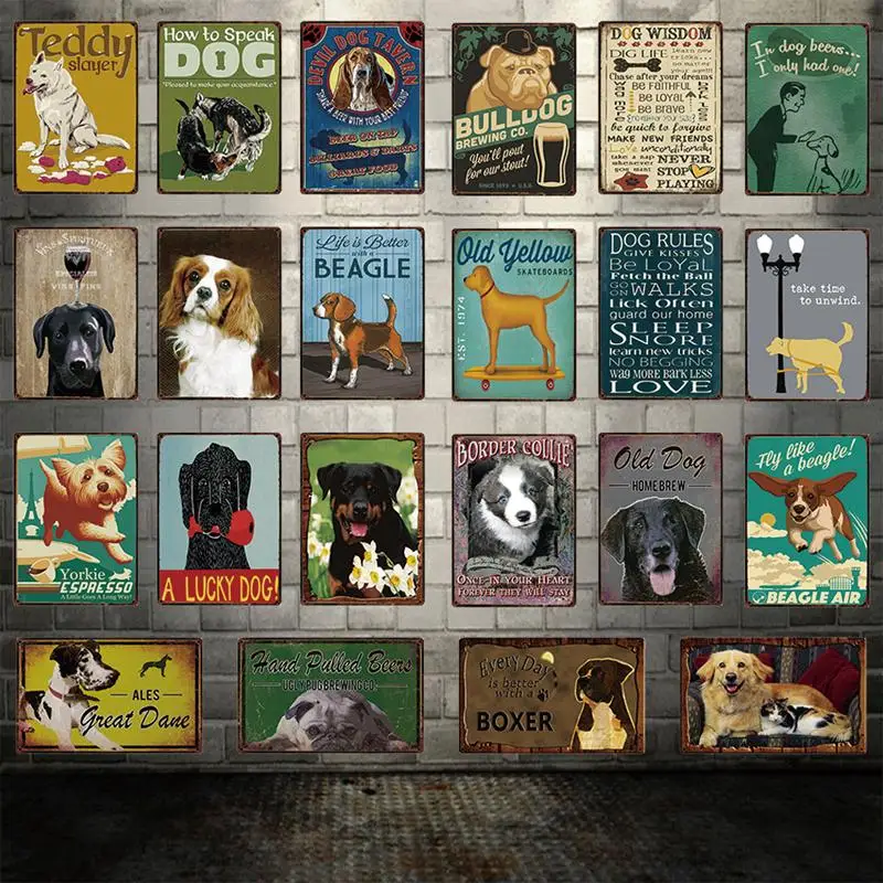 

2021 Dog Rules Funny Designed Bulldog Beagle Great Dane Metal Sign Tin Poster Home Decor Living room Store Bar Wall Art Painting