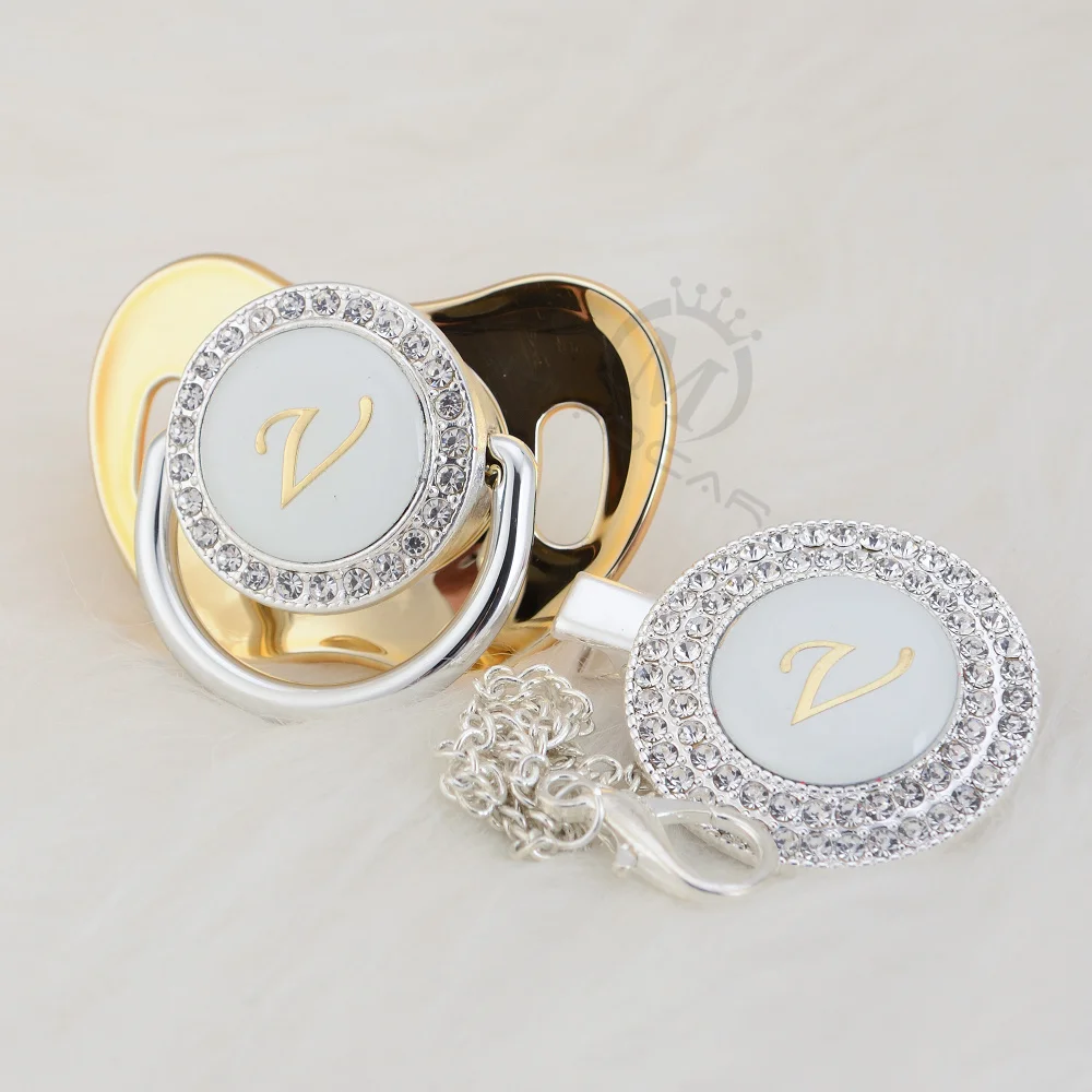 

MIYOCAR name Initial letter V elegant silver bling pacifier and pacifier clip BPA free dummy bling unique design SGS pass LV-1