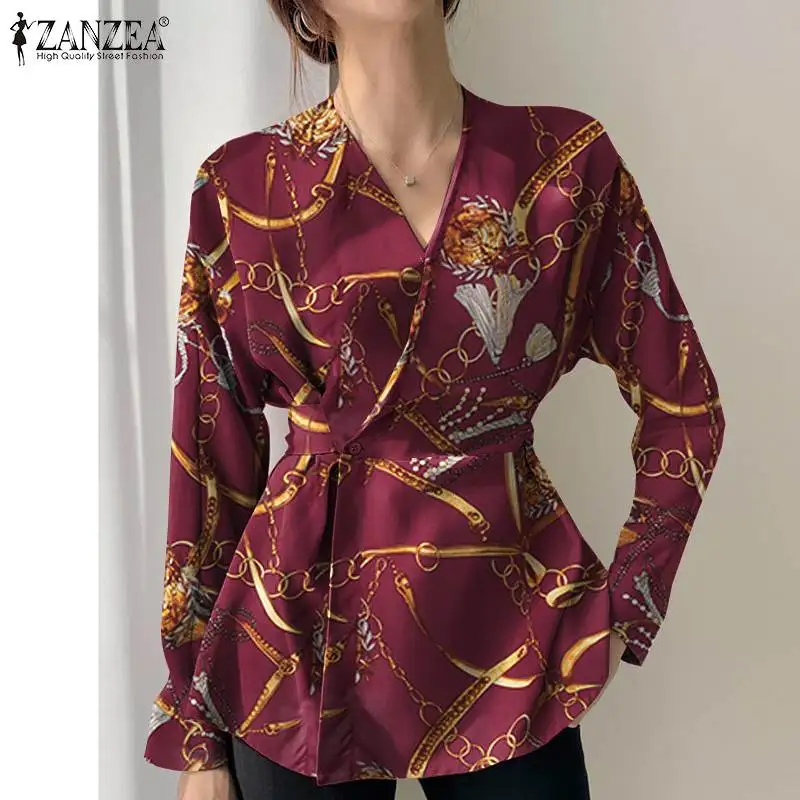 

2022 модная женская рубашка ZANZEA, блузка на весну и осень, офисный топ с леопардовым принтом и длинным рукавом, Свободная Повседневная блузка б...