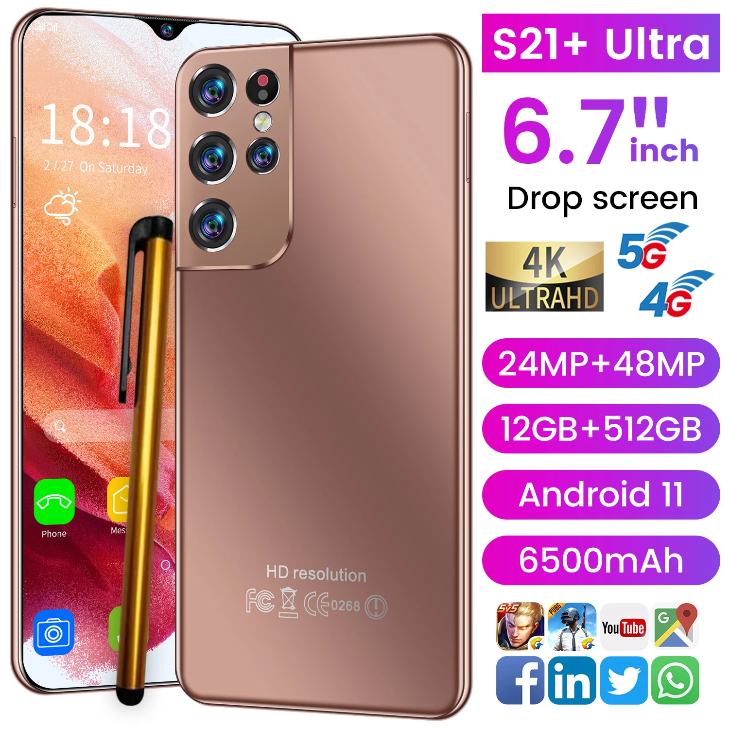 

Global Version S21+Ultra 6.7inch Smartphone 10Core 6500mAh 12+512G Smartphone 24+48MP With E-pen Unlocked Full Screen Cellphone