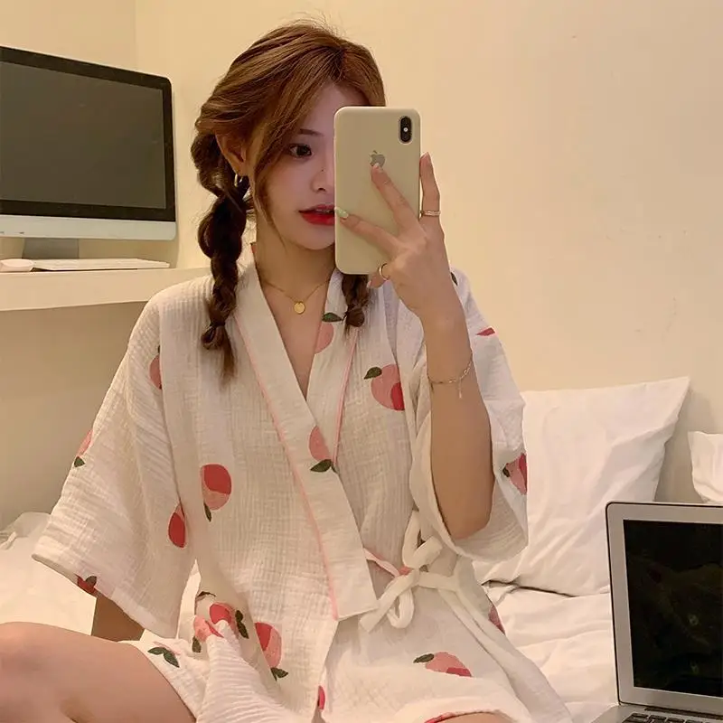 Kimono Women Cotton Pijamas Set 2 Pieces Pajamas Girl Pink Floral Bud Print Pyjama Summer 2021 White Sleepwear Vintage Nightwear