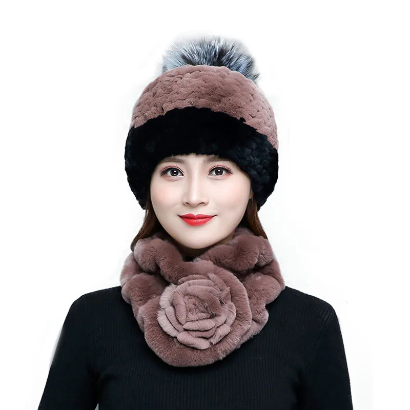 Женская шапка и шарф из 100% натурального меха кролика Рекс комфортная теплая