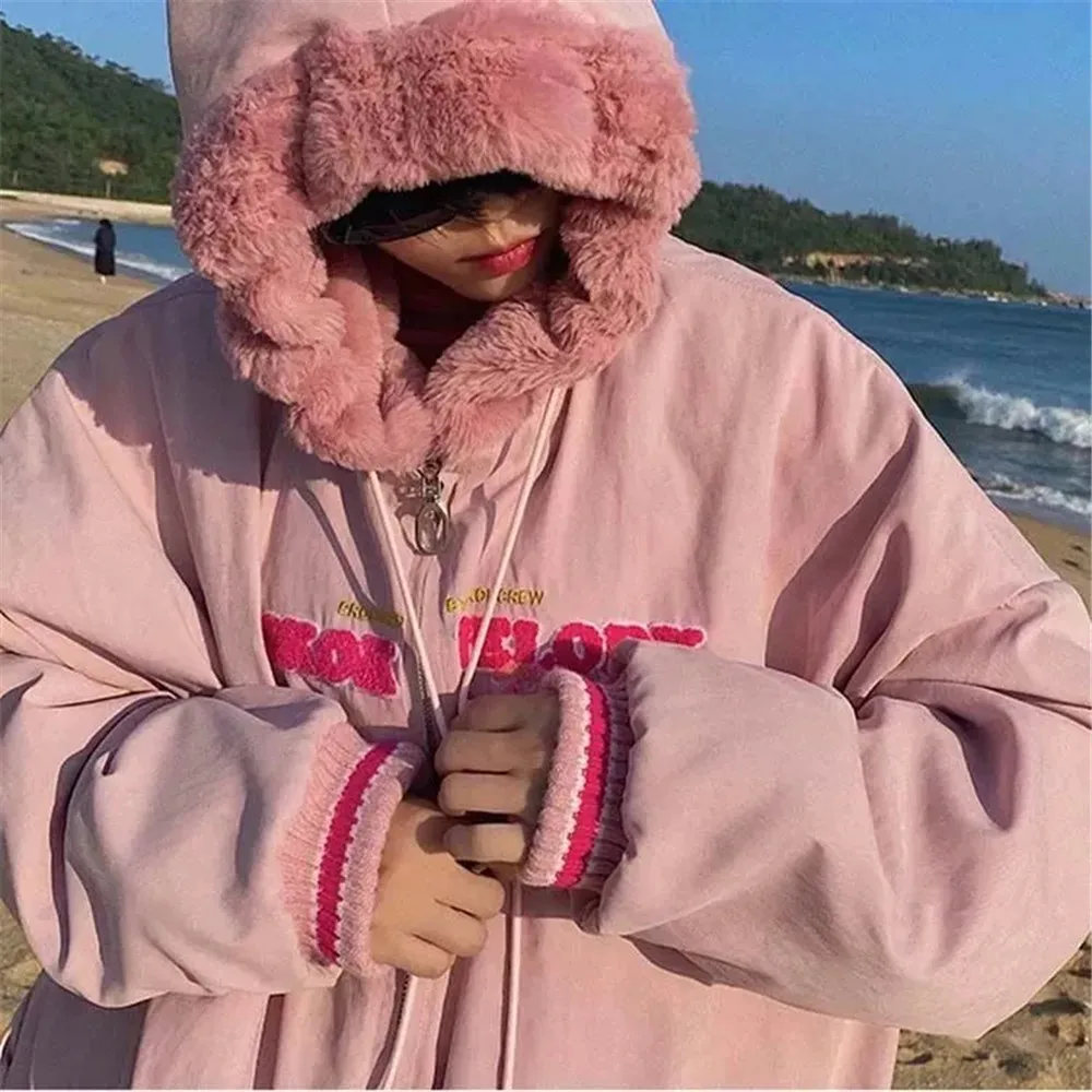 

Casual Korean Winter Plus Velvet Thicken Hoodies Women Harajuku High Street Loose Vintage Parkas Letter Print Sweet Coat Female
