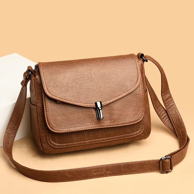 

High Quality Solid Color Leather Shoulder Bags for Women 2021 Luxury Brand Designer Simplicity Female Retro Crossbody Bag Sac