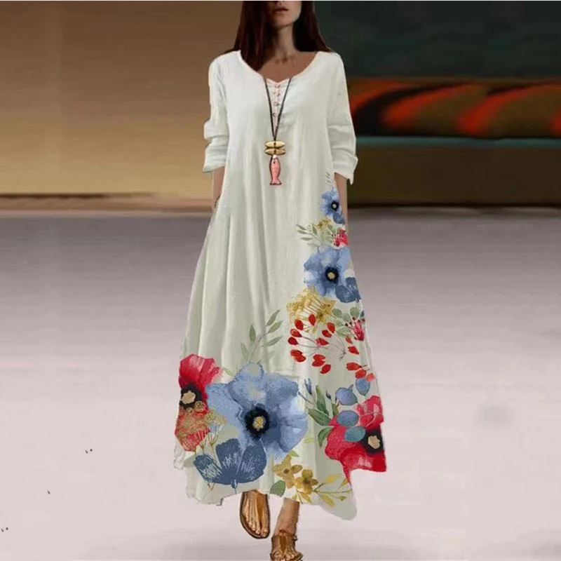 

Ladies Chinoiserie Traditional Robe Dress Irregular Hem Retro Print Long Skirt Loose Casual Ethnic Style Oversize 5Xl for Women
