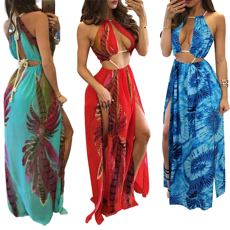 

2021 New Women's Bohemian Flower Lace Beach Party Split Halterneck Dress Plus Size Ruched Dress