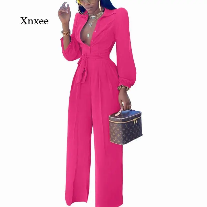 

Spring and Autumn Women's Jumpsuit Long Sleeve Button Belt Pure Color Streetwear Sexy Club One Piece Jumpsuit