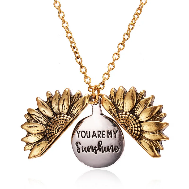 

2021 New Gold Silver Color Open Locket Necklaces EngravedSunshine Sunflower Pendant Unique Party Gift Banquet Jewelry