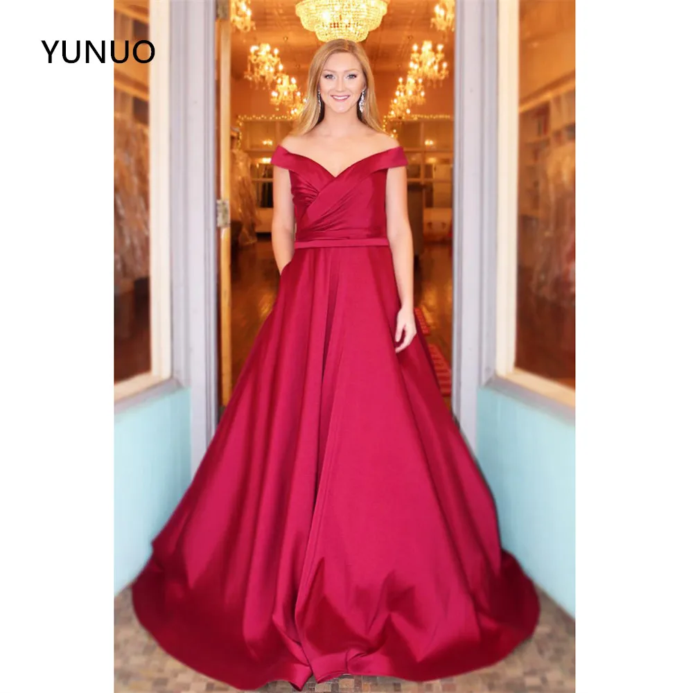 YUNUO Плиссированные Длинные красные Выпускные платья с открытыми плечами без