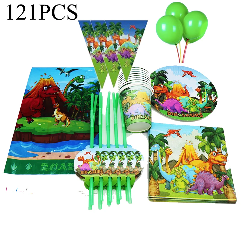 

121pcs Dinosaur Theme Birthday Plates Cups Napkins Tablecloths Straws Gift Bags Boy Birthday Dinosaur Party Tableware Supplies