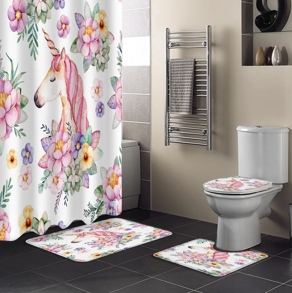 Занавеска для душа в ванную комнату с единорогом цветами зеленым розовым