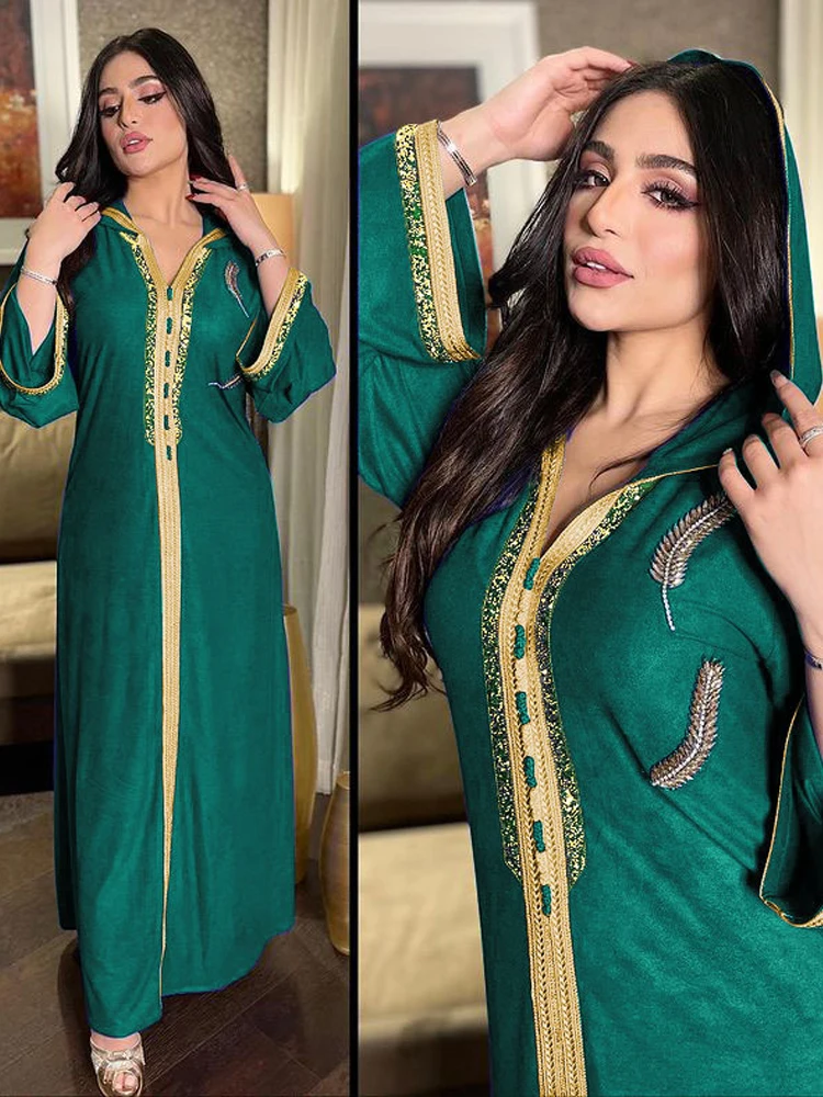 Женское платье с капюшоном Eid Fashion Dubai Abaya Jalabiya, вечерние платья со стразами и длинным рукавом, кафтан, мусульманская одежда, сине-зеленая