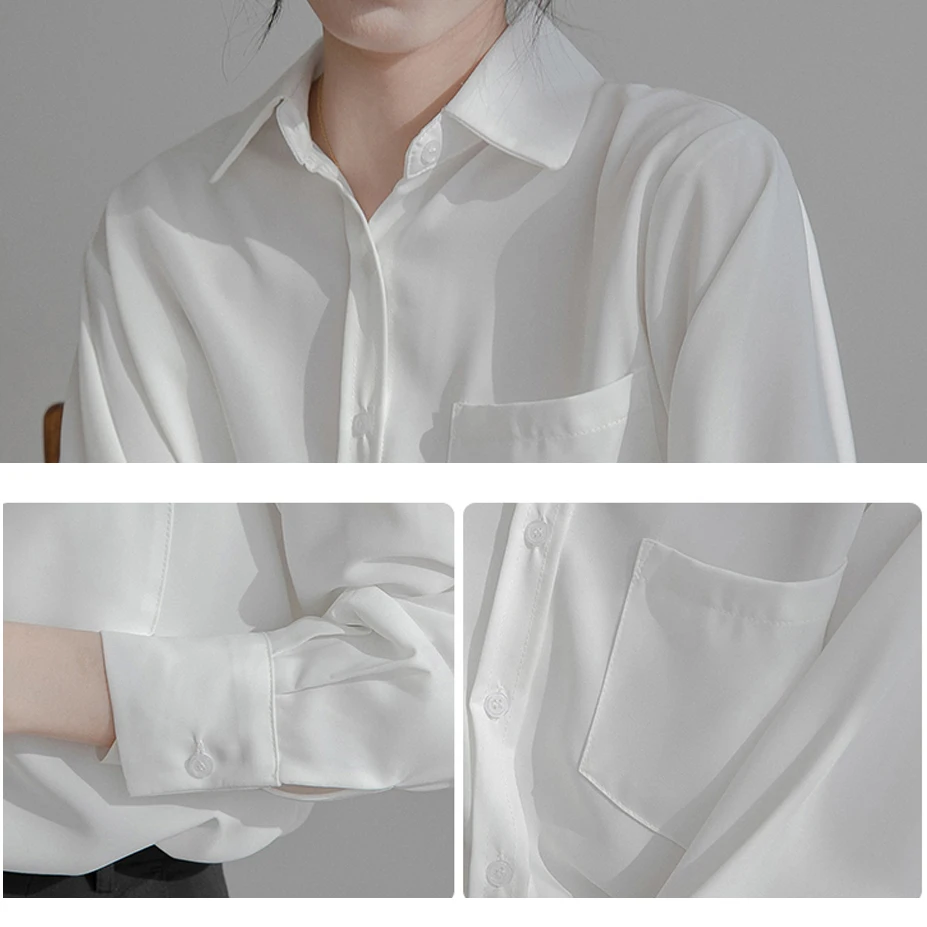 

Loose Summer Women Chiffon Shirt Lady Office Blouse White 2021 Long Sleeve Casual Tops OL Style Turndown Collar Solid Blusas