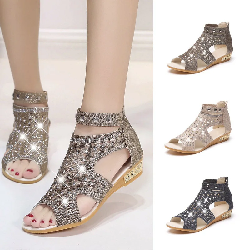 Женская обувь в богемном стиле Открытые Босоножки с открытым носком и стразами