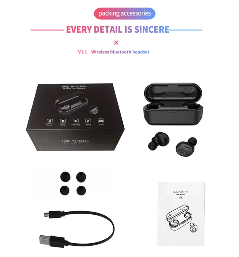 TWS V11 Bluetooth наушники 5,0 настоящие беспроводные бинауральные наушники стерео наушники с шумоподавлением водонепроницаемые наушники-вкладыши
