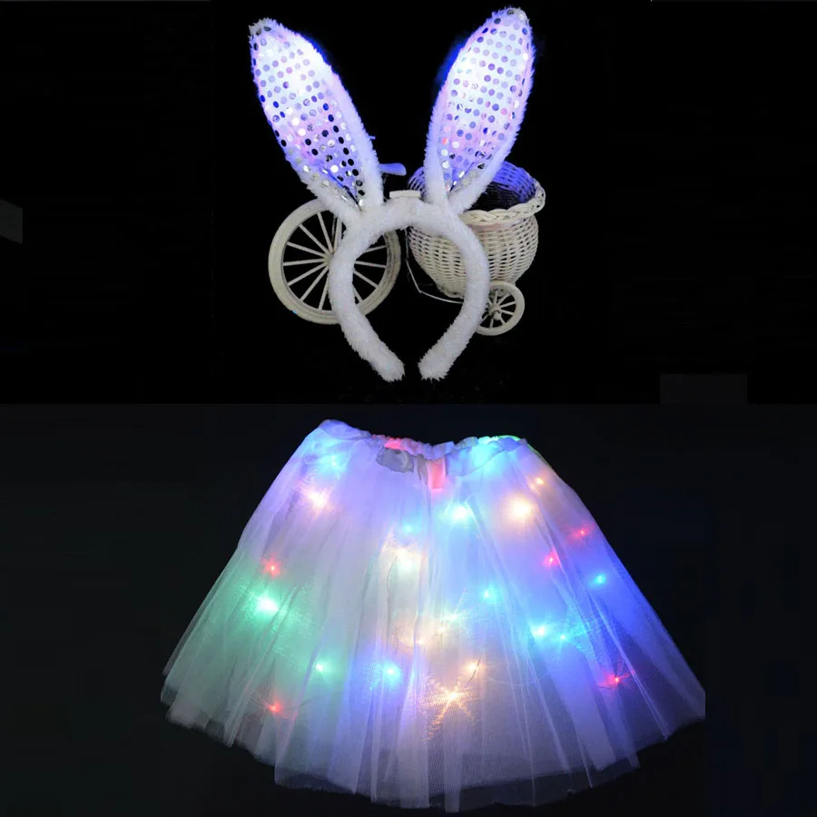 Kids Girls Princess LED Glowing Light Tutu Dresses Children Clothing Headband Crown Rabbit Bunny Costume cosplay Birthday Party|Костюмы для