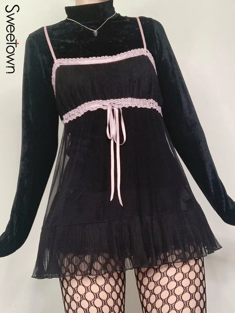 Sweetown See Through Sexy Mesh Slip Dress Black Contrast Lace Aesthetic Y2K Short Dresses Women Sleeveless Fairycore Outfits