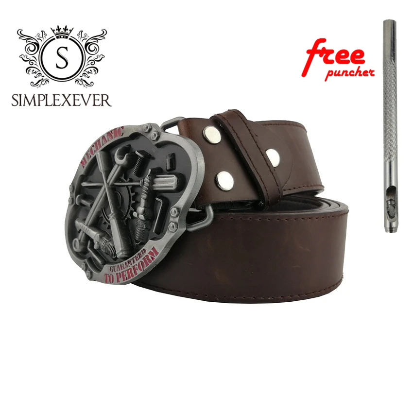 PU Belts with MECHANIC Metal Belt Buckle Men's Buckles Head Suitable for 4cm Wide Free Puncher |