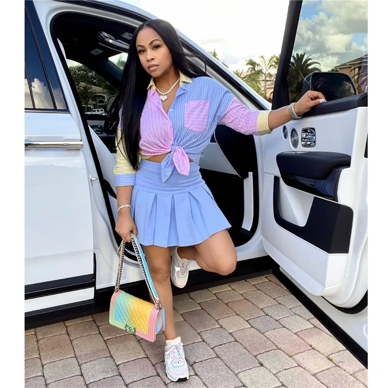 

Women plaid shirt top+pleated skirts 2 piece set 2021 fasion women club outfits Girls matching sets for women ensemble femme