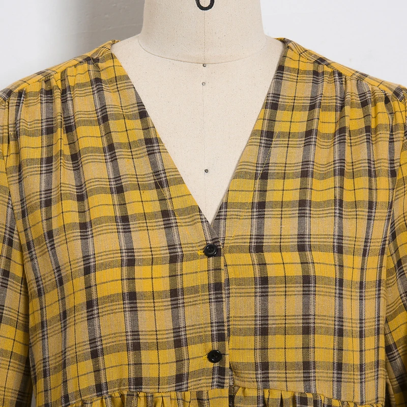 

2021 Spring Long Sleeve Women Dress VD1363 Plus Size puff sleeves Loose Yellow Plaid Dress Vintage Sexy Mini robe femme