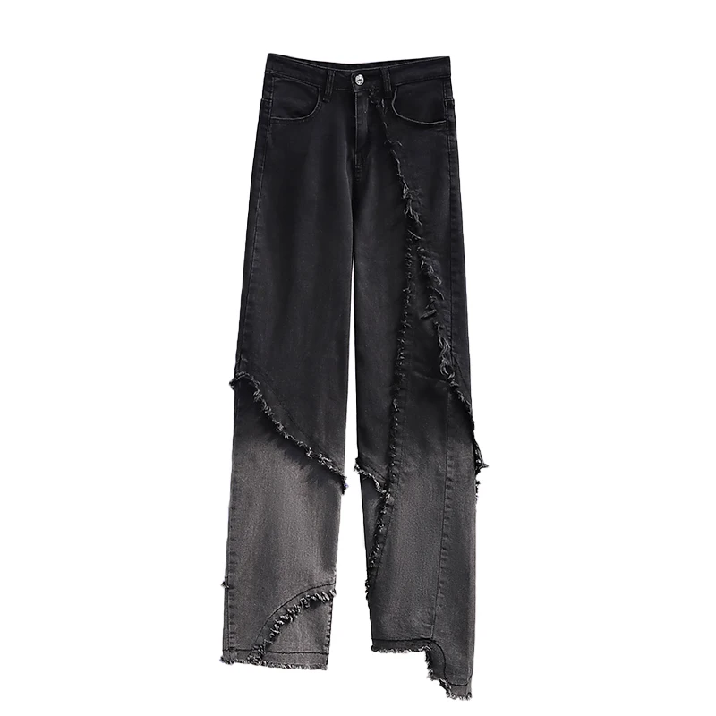 

Denim Long Pants Women Street Style Wide Leg Straight Pant Irregular Fringe Stitching Pantalones Mujer Plus Size Female Trousers