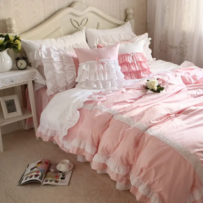 New sweet lace pink bedding set patchwork ruffle duvet cover wrinkle bedspread pillowcase bedroom princess HM-13B | Дом и сад