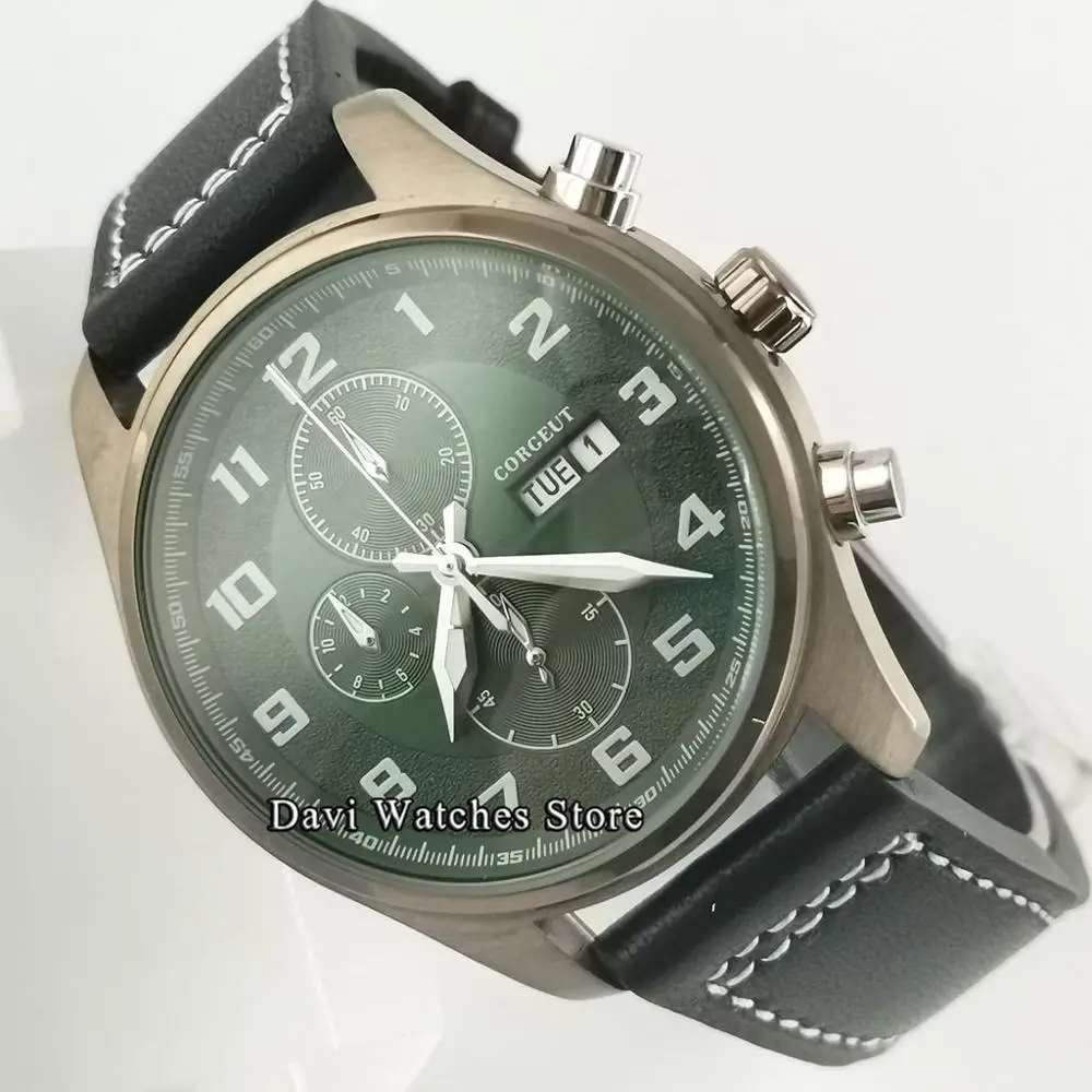 

41mm Corgeut Green Dial Quartz Top Mens Watches Coffee pvd Case Multifunction calendar date waterproof watch men