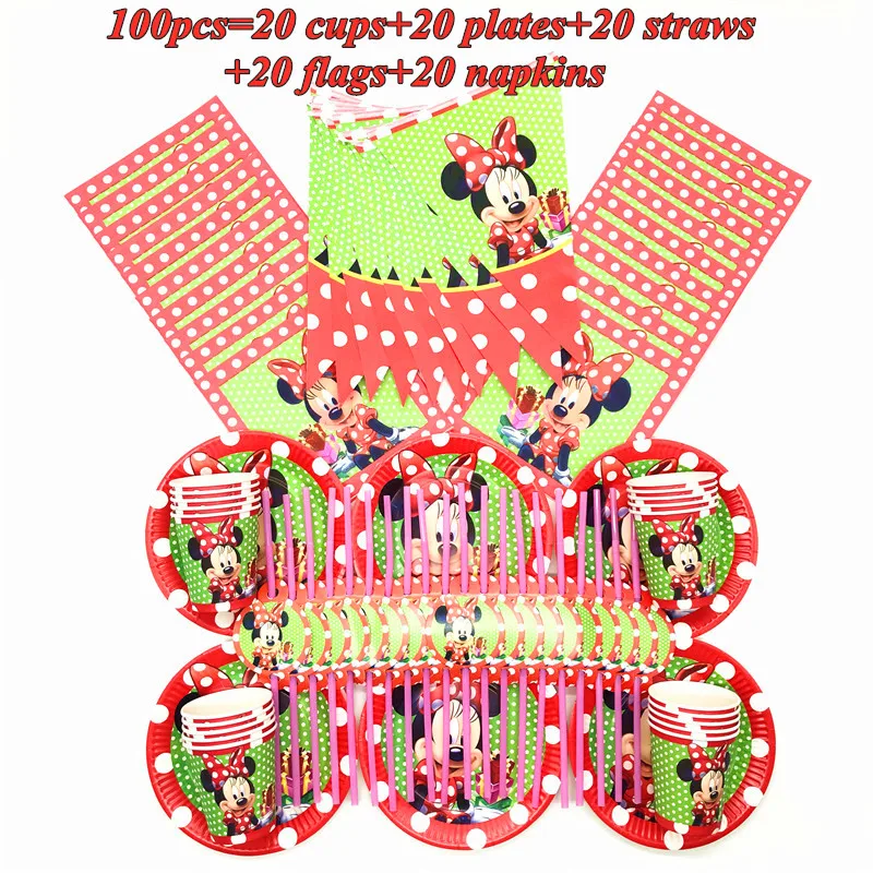 

Disney Minnie Mouse Kids Girl Birthday Decoration Supplies Tableware Set Paper Plates Cups Napkin Straws Flag Baby Shower Favors