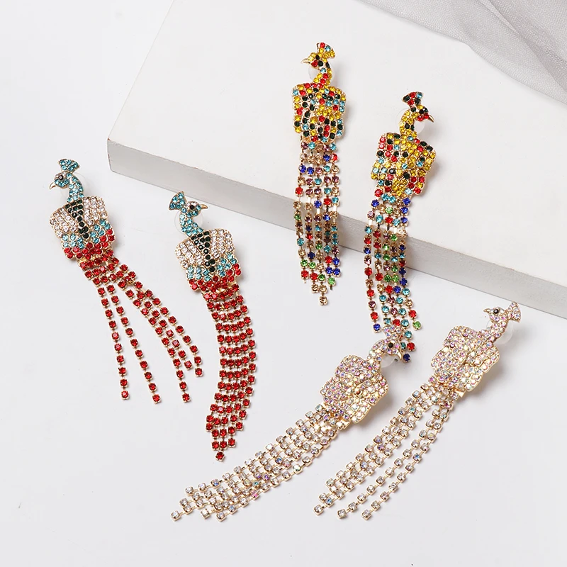 Висячие серьги Стразы с разноцветным павлином кристаллами бахромой длинные